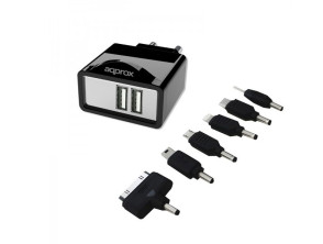CARGADOR USB APPROX PARA RED DOMESTICA DOS USB 5V 2.1A COLOR NEGRO INCORPORA 7 TIPS