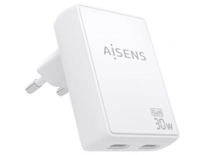 Cargador de Pared GaN Aisens ASCH-30W2P075-W/ 2xUSB Tipo-C/ 30W