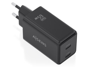 Cargador de Pared GaN Aisens ASCH-65W2P079-BK/ 2xUSB Tipo-C/ 65W
