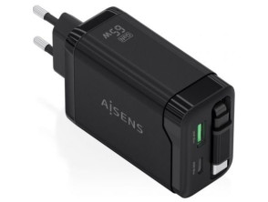 Cargador de Pared GaN Aisens ASCH-65W3P071-BK/ 1xUSB Tipo-C/ 1xUSB/ 65W