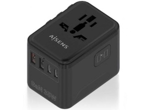 Cargador de Pared Universal GaN Aisens para Viaje - Toma de Corriente y Puertos USB Tipo-C