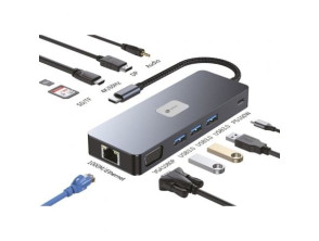 Docking USB Tipo-C Leotec LEDS03 - Hub USB con HDMI 4K, DisplayPort, VGA, Audio, RJ45, Lector de Tarjetas SD y MicroSD