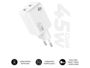 Cargador USB C+C GaN Subblim 45W Charger de Pared con 2xUSB Tipo-C