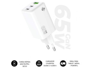 Cargador de Pared GaN Subblim 65W USB C+C+A/ 2xUSB Tipo-C/ 1xUSB - SUBBLIM