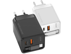 Cargador USB GAN Mars Gaming MD-GAN65R 65W 1xUSB-C 1xUSB-A Cable Retráctil PD Color Negro - Negro