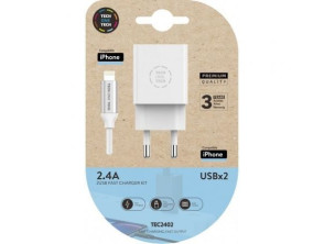 Cargador de Pared Tech One Tech TEC2402/ 2xUSB + Cable Lightning/ 12W