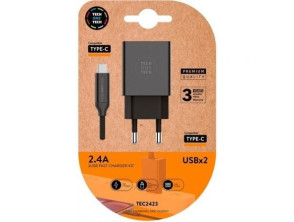 Cargador de Pared Tech One Tech 12W + 2xUSB + Cable USB Tipo-C