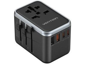 Cargador Pared Universal Vention 65W Negro - Toma de corriente/2xUSB-C/2xUSB-A