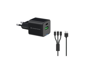 Cargador USB GAN Conceptronic 33W 1xUSB-C 1xUSB-A INCLUYE CABLE 3-1 NEGRO