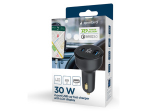 Añadir a la cesta CARGADOR RAPIDO PARA COCHE GEMBIRD USB DE 2 PUERTOS, TIPO C PD, LCD, 30 W,NEGRO CARGADOR RAPIDO PARA COCHE GEMBIRD USB DE 2 PUERTOS, TIPO C PD, LCD, 30 W,NEGRO