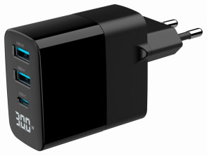 CARGADOR RAPIDO USB GEMBIRD GAN DE 3 PUERTOS Y 30 W, LCD, NEGRO