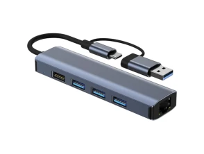 Hub USB 5 en 2 Tipo-C/RJ45 (Gigabit) Gris - BYL-2208 USB 3.0+USB 2.0