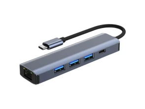 Hub USB 5 en 1 Tipo-C/USB 3.0+Tipo C 100W+RJ45 Gris BYL-2302