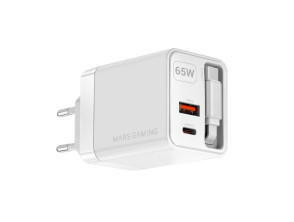 Cargador USB Mars Gaming MD-GAN65RW 65W - Blanco - Conexiones 1xUSB-C 1xUSB-A - Cable Retráctil PD