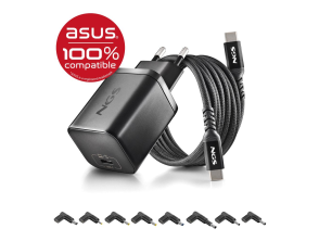 CARGADOR PARED ASUS 65W NEGRO NGS con Tecnología GaN + CABLE 1.5 M USB-C y 8 CLAVIJAS