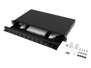 PANEL DE CONEXIÓN DE FIBRA 12XSC DUPLEX / 12XLC QUAD NEGRO + ACCESORIOS PARA MONTAJE