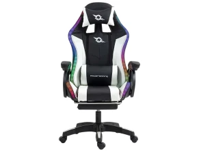 Silla Gaming PowerGaming LED RGB con Altavoz Bluetooth, Masaje y Reposapiés Negro+Blanco