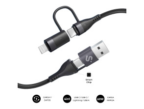 CABLE TOP 4 EN 1 60W USB-A/2xUSB-C/LIGHTNING 1 M NEGRO SUBBLIM