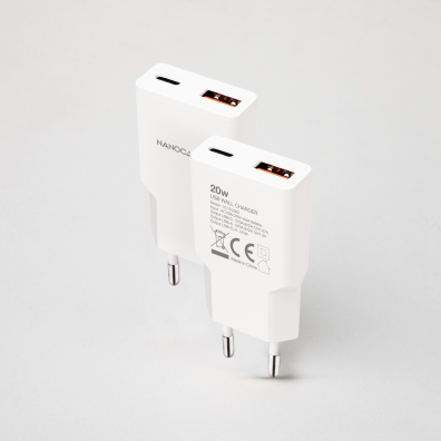 Cargador de Pared Blanco NANOCABLE 20W 1xUSB-C PD 1xUSB-A/QC - Accesorio Smartphone