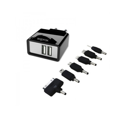 CARGADOR USB APPROX PARA RED DOMESTICA DOS USB 5V 2.1A COLOR NEGRO INCORPORA 7 TIPS