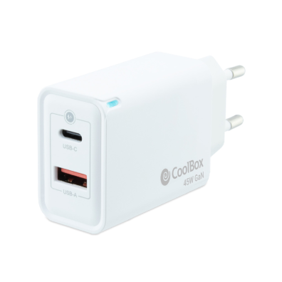 Cargador USB COOLBOX GAN 45W Color Blanco - 1xUSB-C 1xUSB-A
