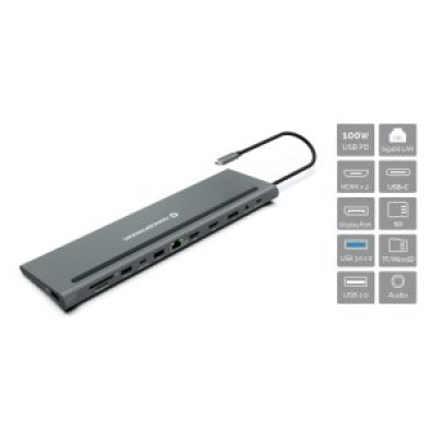 Adaptador USB-C CONCEPTRONIC 12in1 HDMIx2 DisplayPort Gigabit USB-C Datos USB-A Audio LAN Lector TAR