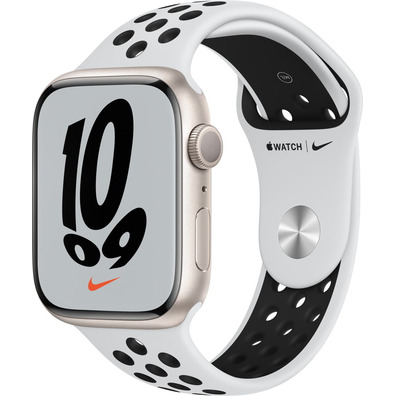 Apple Watch Series 7 Nike GPS 45 mm Caja de Aluminio en Plata/Correa Deportiva Nike Platino Negro