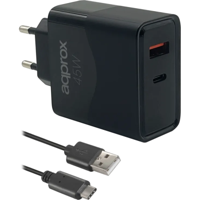 Cargador de Pared APPROX APPUSBWALL45W con Cable USB-A a USB-C - 45W, 1xUSB-C PD 1xUSB-A