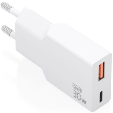 Cargador de Pared GaN Aisens A110-1002/ 1xUSB Tipo-C/ 1xUSB/ 30W - Blanco
