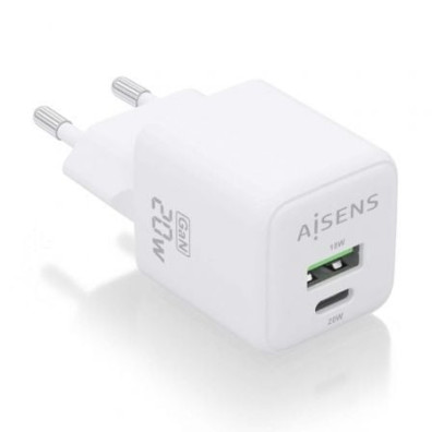Cargador de Pared GaN Aisens ASCH-20W2P010-W con 1xUSB Tipo-C/ 1xUSB