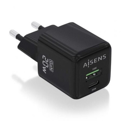 Cargador de Pared GaN Aisens ASCH-20W2P011-BK | Carga Rápida SmartPhones | USB Tipo-C