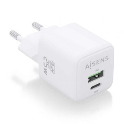 Cargador de Pared GaN Aisens ASCH-25W2P014-W/ 1xUSB Tipo-C/ 1xUSB