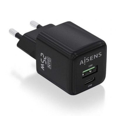 Cargador de Pared GaN Aisens ASCH-25W2P015-BK Tipo-C USB para Smartphones