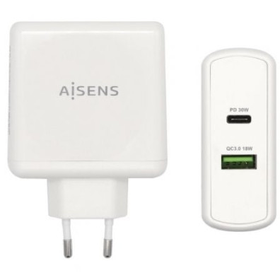 Cargador de Pared Aisens ASCH-2PD30QC-W/ 1xUSB Tipo-C/ 1x USB