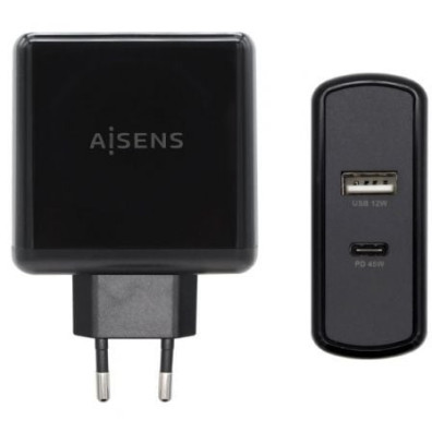 Cargador de Pared Aisens ASCH-2PD45A-BK con 1xUSB Tipo-C y 1xUSB