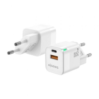 Cargador de Pared GaN Aisens ASCH-30W2P004-W/ 1xUSB Tipo-C/ 1xUSB