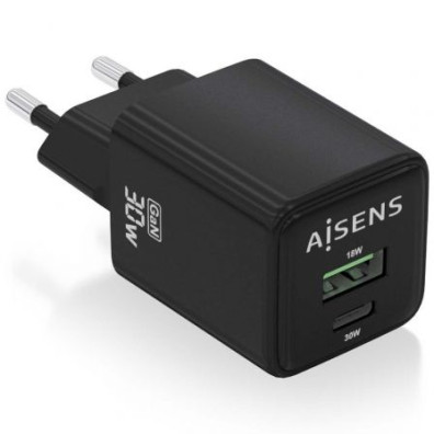 Cargador de Pared GaN Aisens ASCH-30W2P038-BK con 1xUSB Tipo-C y 1xUSB