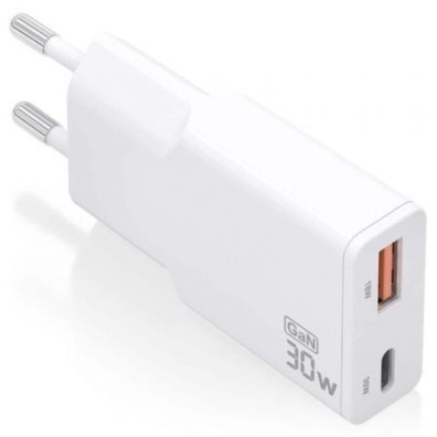 Cargador de Pared GaN Aisens ASCH-30W2P046-W con 1xUSB Tipo-C/ 1xUSB/ 30W