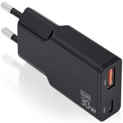 Cargador de Pared GaN Aisens ASCH-30W2P047-BK - 30W - 1xUSB Tipo-C - 1xUSB
