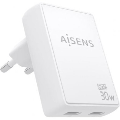 Cargador de Pared GaN Aisens ASCH-30W2P075-W/ 2xUSB Tipo-C/ 30W