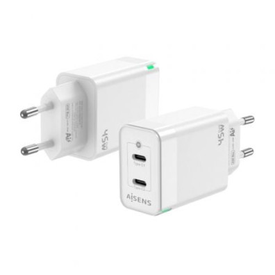 Cargador de Pared GaN Aisens ASCH-45W2P005-W/ 2xUSB Tipo-C