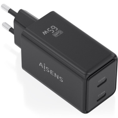 Cargador de Pared GaN Aisens ASCH-65W2P079-BK/ 2xUSB Tipo-C/ 65W