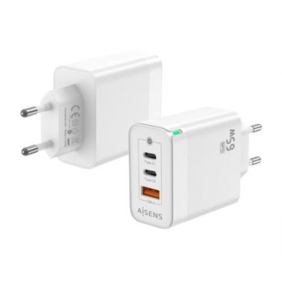 Cargador de Pared GaN Aisens ASCH-65W3P007-W con 2xUSB Tipo-C y 1xUSB