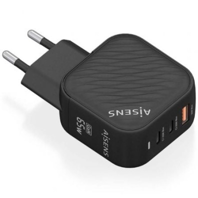 Cargador de Pared GaN Aisens ASCH-65W3P027-BK con 2xUSB Tipo-C y 1xUSB