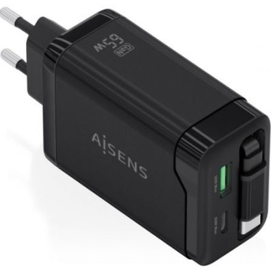 Cargador de Pared GaN Aisens ASCH-65W3P071-BK/ 1xUSB Tipo-C/ 1xUSB/ 65W
