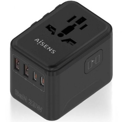 Cargador de Pared Universal GaN Aisens ASPS-2A2C08-BK para Viaje con Toma de Corriente y 2xUSB Tipo-C/ 2xUSB