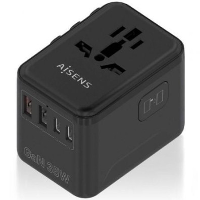 Cargador de Pared Universal GaN Aisens para Viaje - Toma de Corriente y Puertos USB Tipo-C