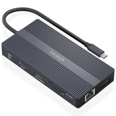 Docking USB Tipo-C Aisens ASUC-12P017-GR - 2xHDMI 4K, 4xUSB, RJ45, DisplayPort, Lector Tarjetas, USB Tipo-C PD