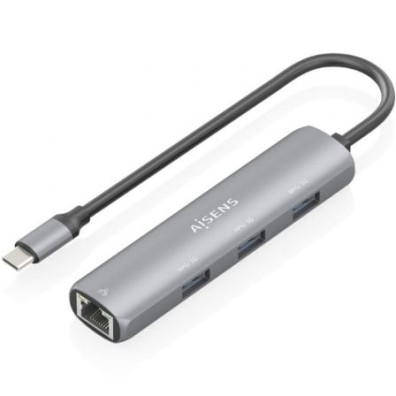 Hub USB Tipo-C Aisens ASUC-4P038-GR con 3xUSB y 1xRJ45