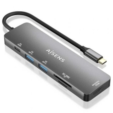 Docking USB Tipo-C Aisens ASUC-6P016-GR - 1xHDMI 4K/ 2xUSB/ 1xLector Tarjetas/ 1xUSB Tipo-C PD